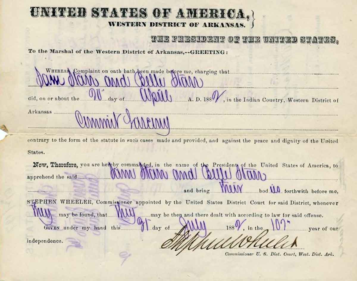 belle starr warrant arrest