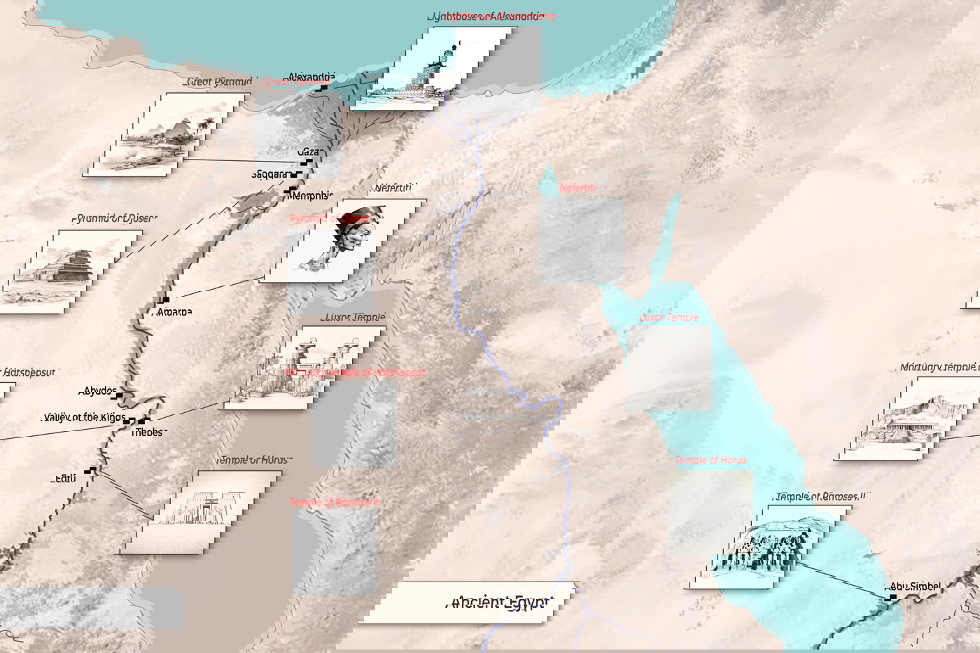 Map of Ancient Egypt with Famous Sites