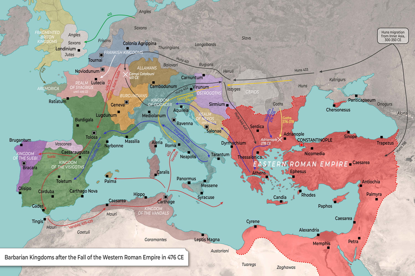 Map of Barbarian Kingdoms (After the Fall of the Western Roman Empire)