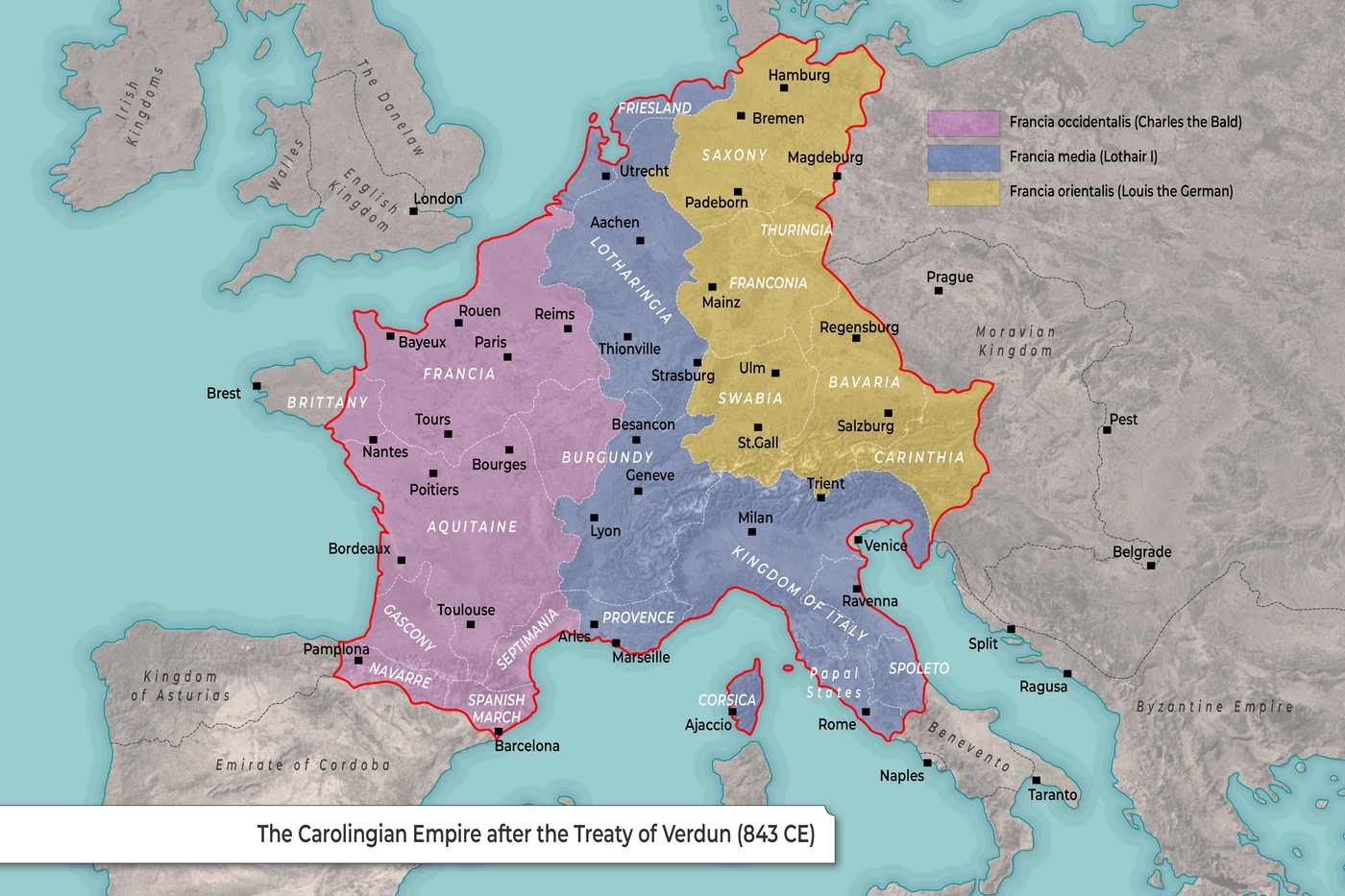 Map of Carolingian Empire: After the Treaty of Verdun (843 CE)