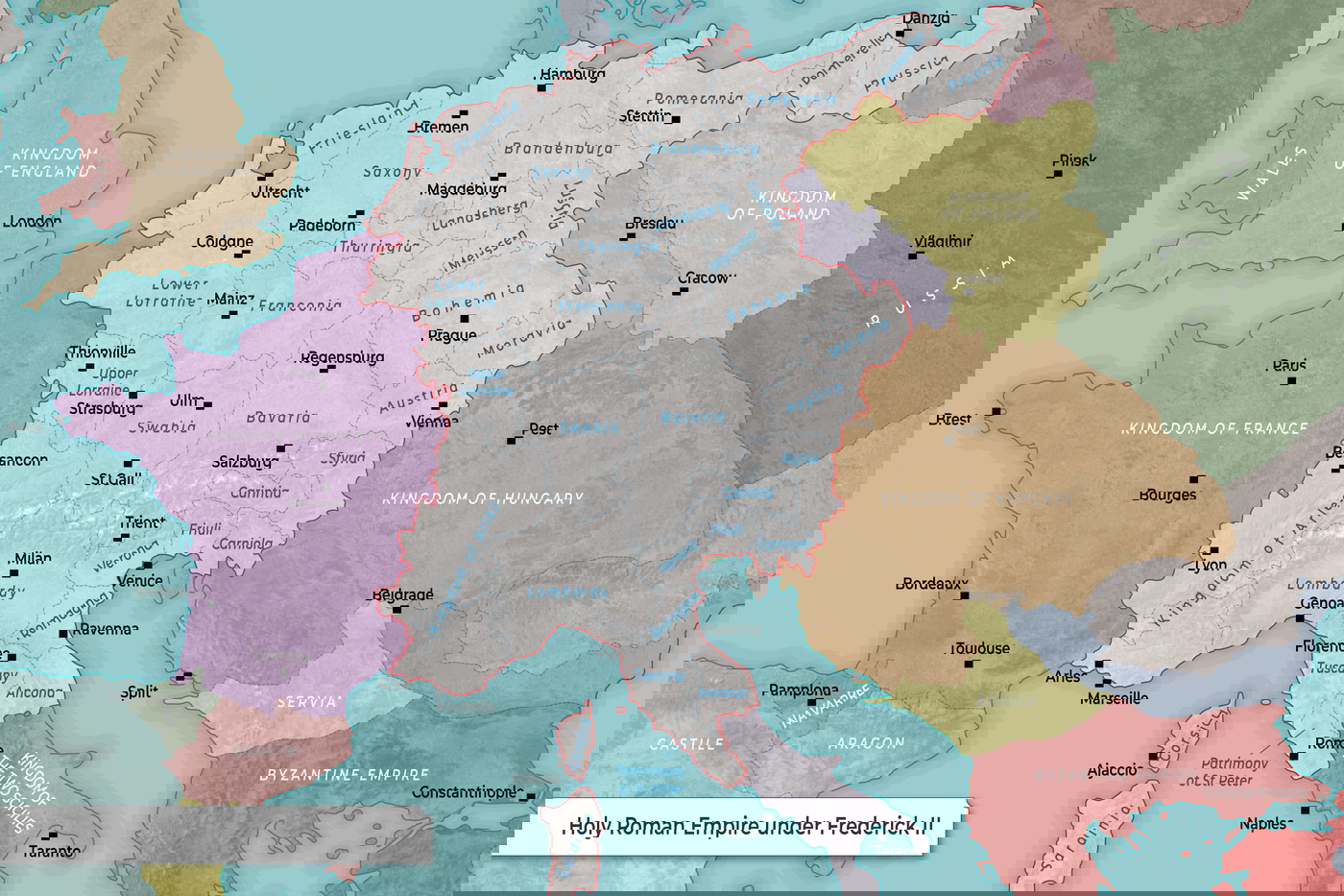 Map of the Holy Roman Empire under Emperor Frederick II